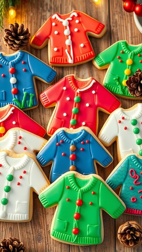 Ugly Sweater Christmas Cookies Recipe A variety of ugly sweater cookies decorated with icing and sprinkles on a wooden table with holiday decorations.
